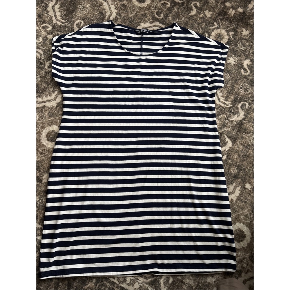 Lands' End Size Petite Medium navy blue white striped knit dress womens